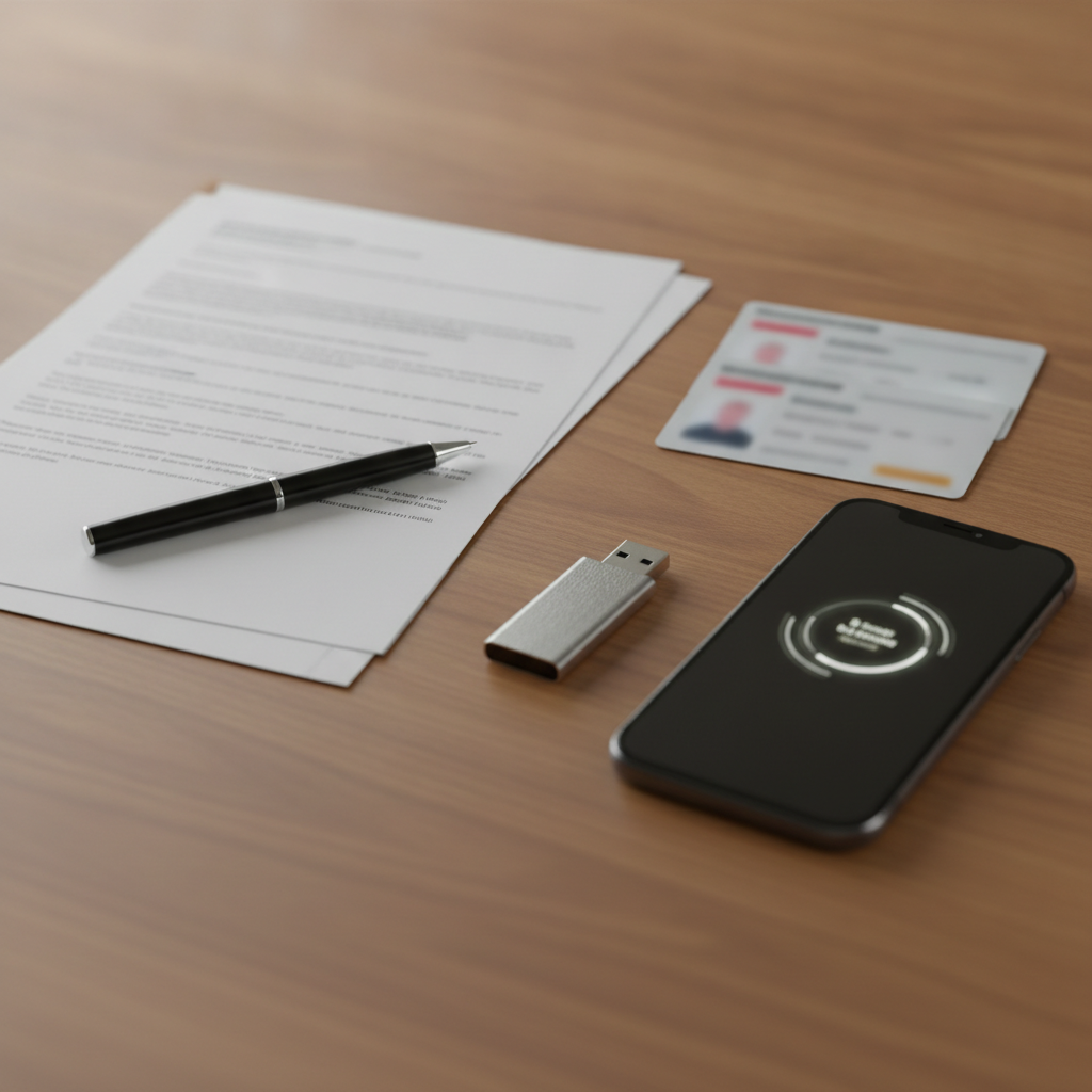 Close-up of organized vendor registration documents, IDs, and a security key for a vendor registration checklist for bids