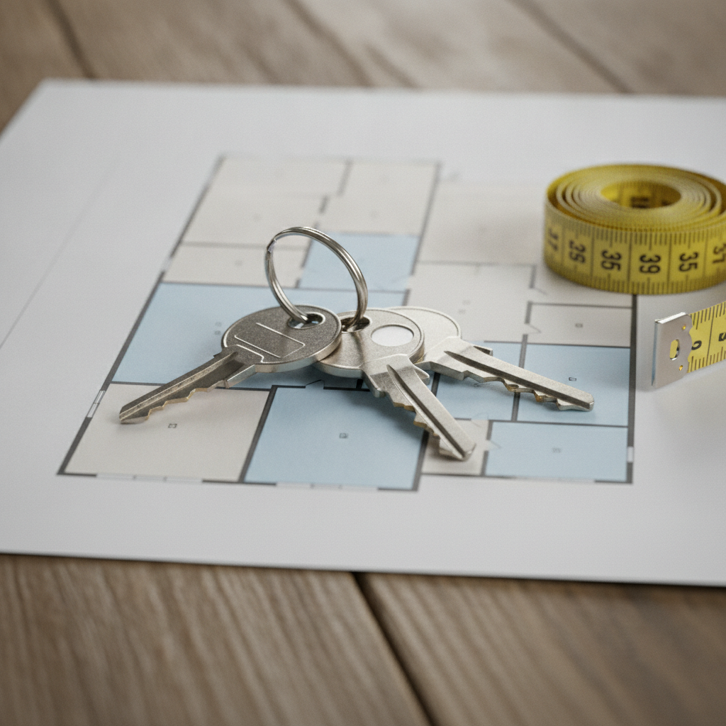 Close-up of Ontario commercial lease plan, keys, and measuring tape for leasing strategy