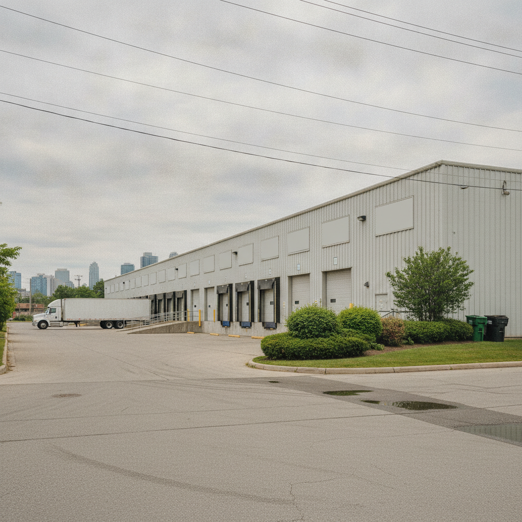 Light industrial park in the Greater Toronto Area with loading docks and landscaped surroundings