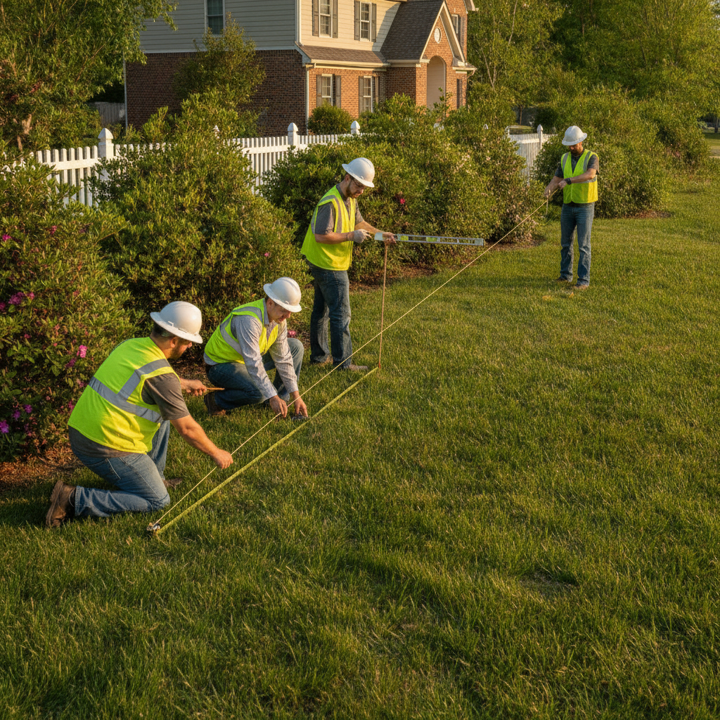 Landscaping crew measuring a fence line with a string line in a Mississauga yard before installation