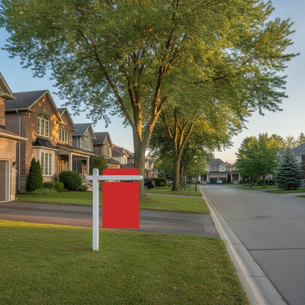 Quiet Brampton suburban street with detached homes and a For Sale sign, illustrating local market context for buyer offers
