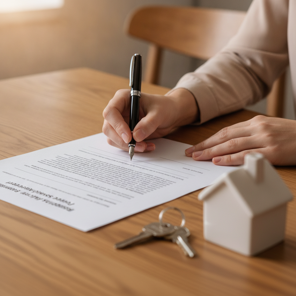 Signing an Ontario real estate purchase agreement with keys on table, illustrating Brampton buyer offer paperwork