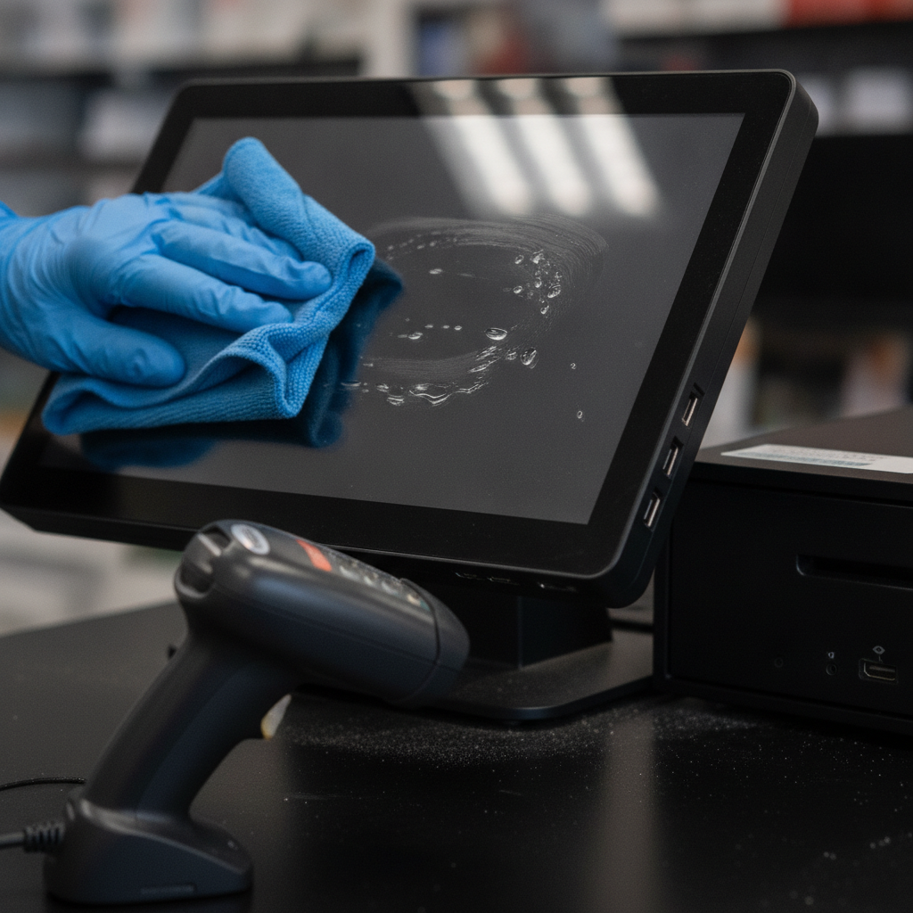 Close-up of POS touchscreen being cleaned with electronics-safe method as part of IT equipment cleaning services in a restaurant