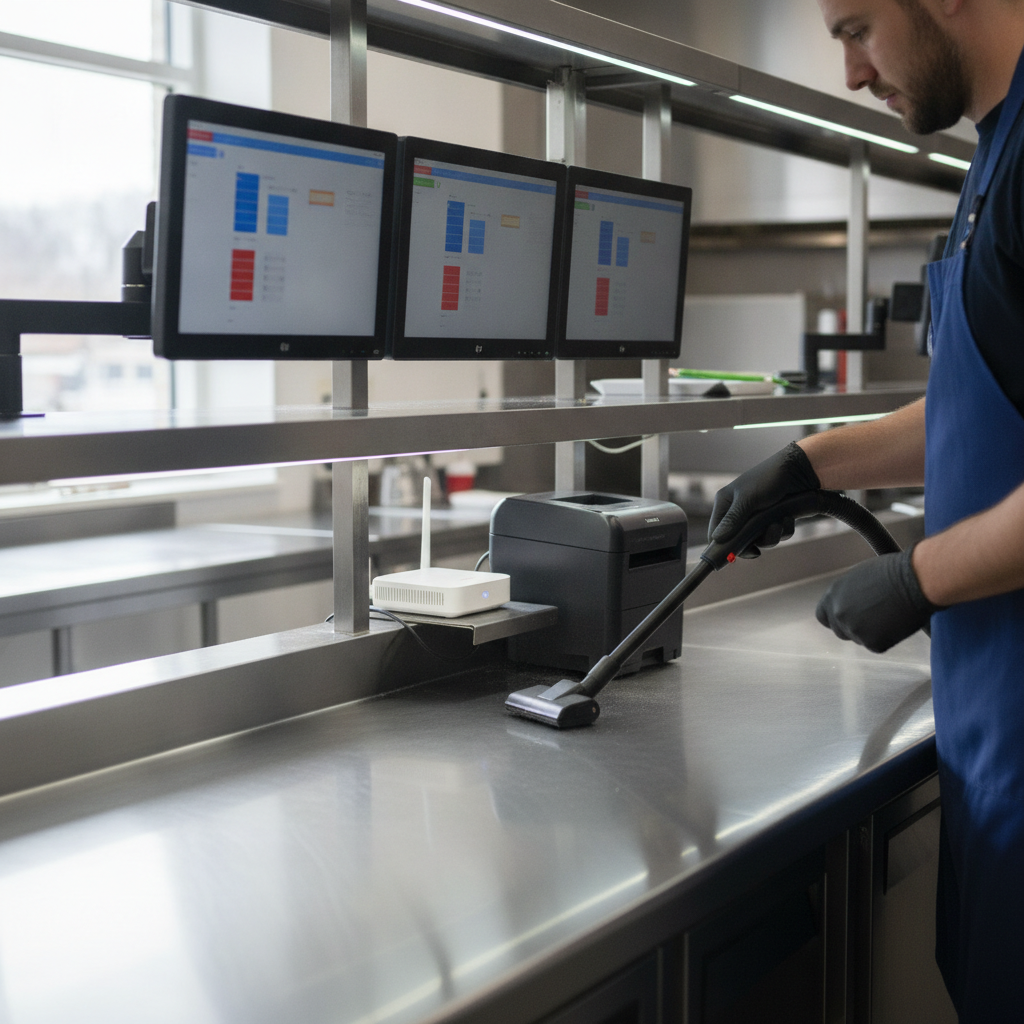 Technician vacuuming a kitchen display and router shelf with ESD-safe tools as part of professional IT equipment cleaning services