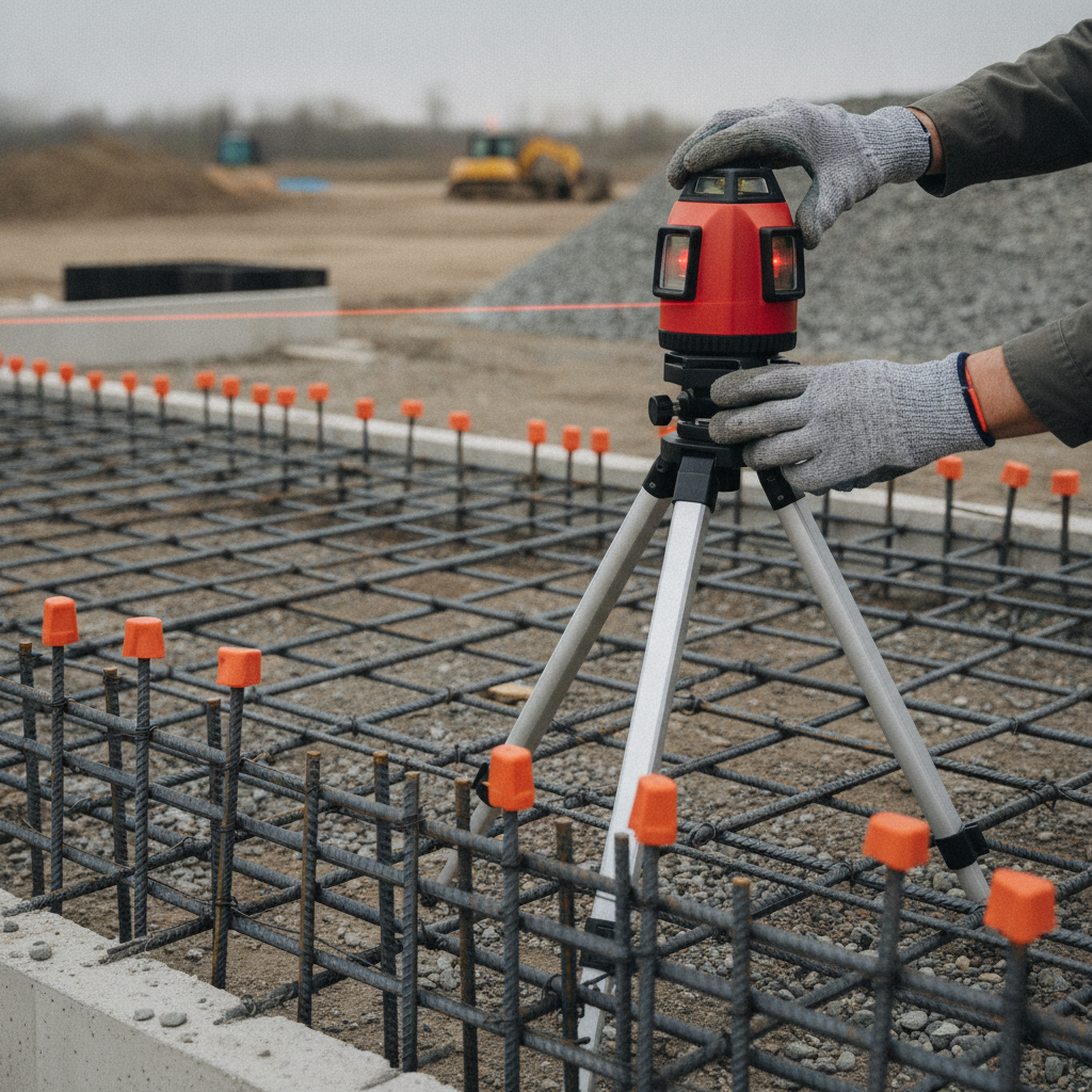 Close-up of construction manager using laser level for concrete forms in Texas, illustrating construction management and project management quality control