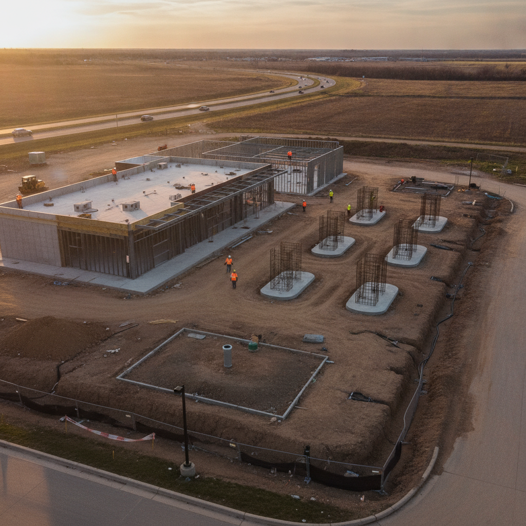 Aerial view of a partially built Texas convenience store and gas station site, showing coordinated construction management and project management