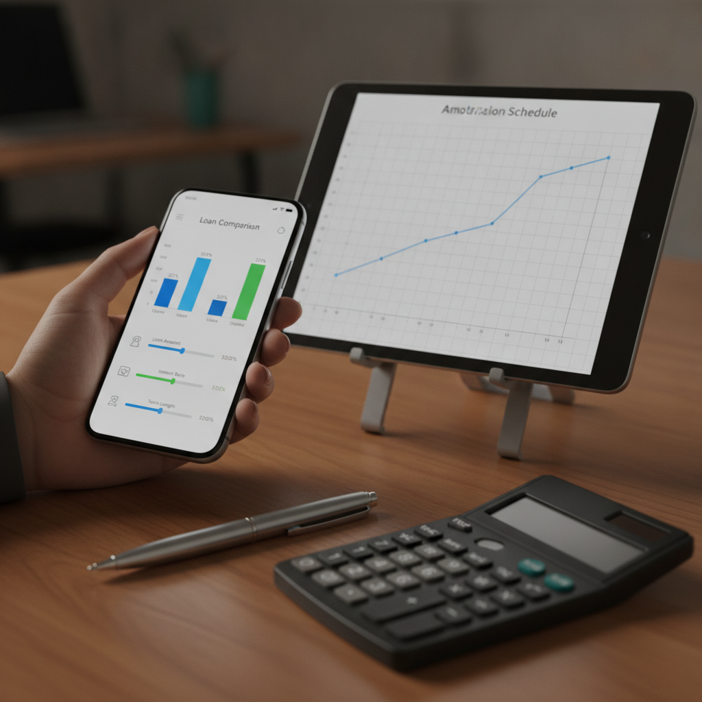 Close-up of refinance comparison on phone and tablet with amortization graph – best refinance home loan features visualized