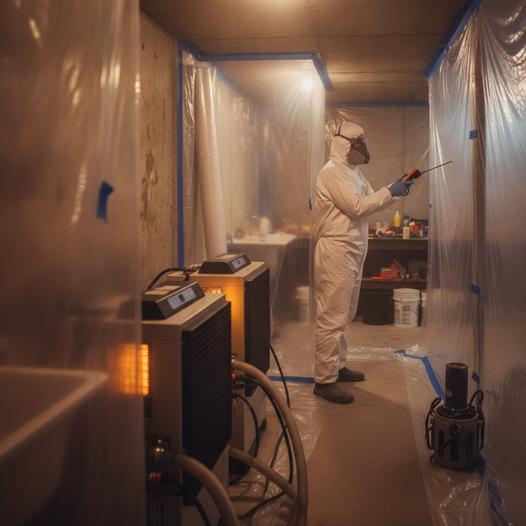 Basement mold mitigation scene with dehumidifiers, containment, and moisture meter in use