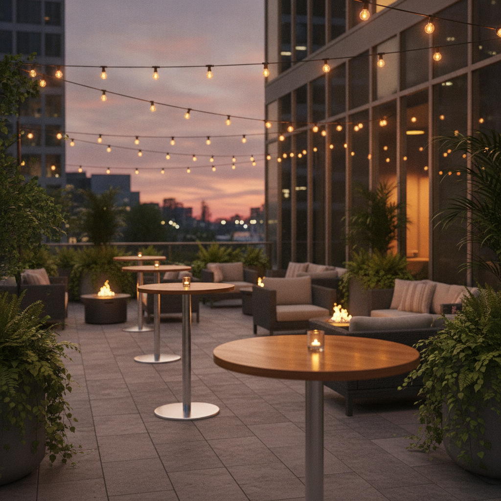 Outdoor patio in Mississauga prepared for a corporate retreat networking reception