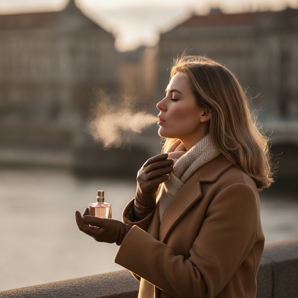 Applying a winter perfume outdoors: woman in a wool coat creating a soft, cozy scent trail in cold air