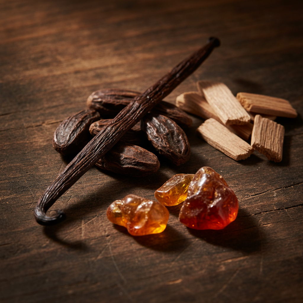 Close-up of vanilla, tonka, sandalwood, and amber resin—classic notes in winter fragrances for women