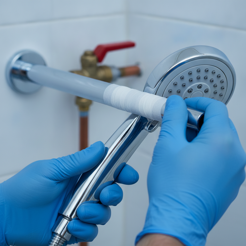 Close-up of a low-flow chrome showerhead being installed during a rental bathroom upgrade, highlighting water-efficient fixtures for apartments
