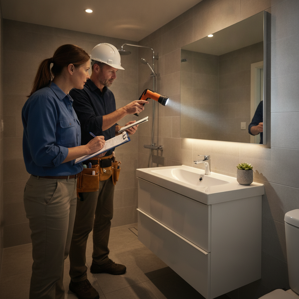 Property manager and contractor reviewing a punch list during a rental bathroom upgrade in London ON, ensuring consistent finishes across units