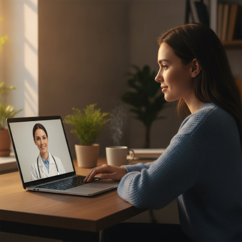 Telemedicine check-in for a Suboxone bridge program, showing a patient in a calm home office on a video call with a clinician