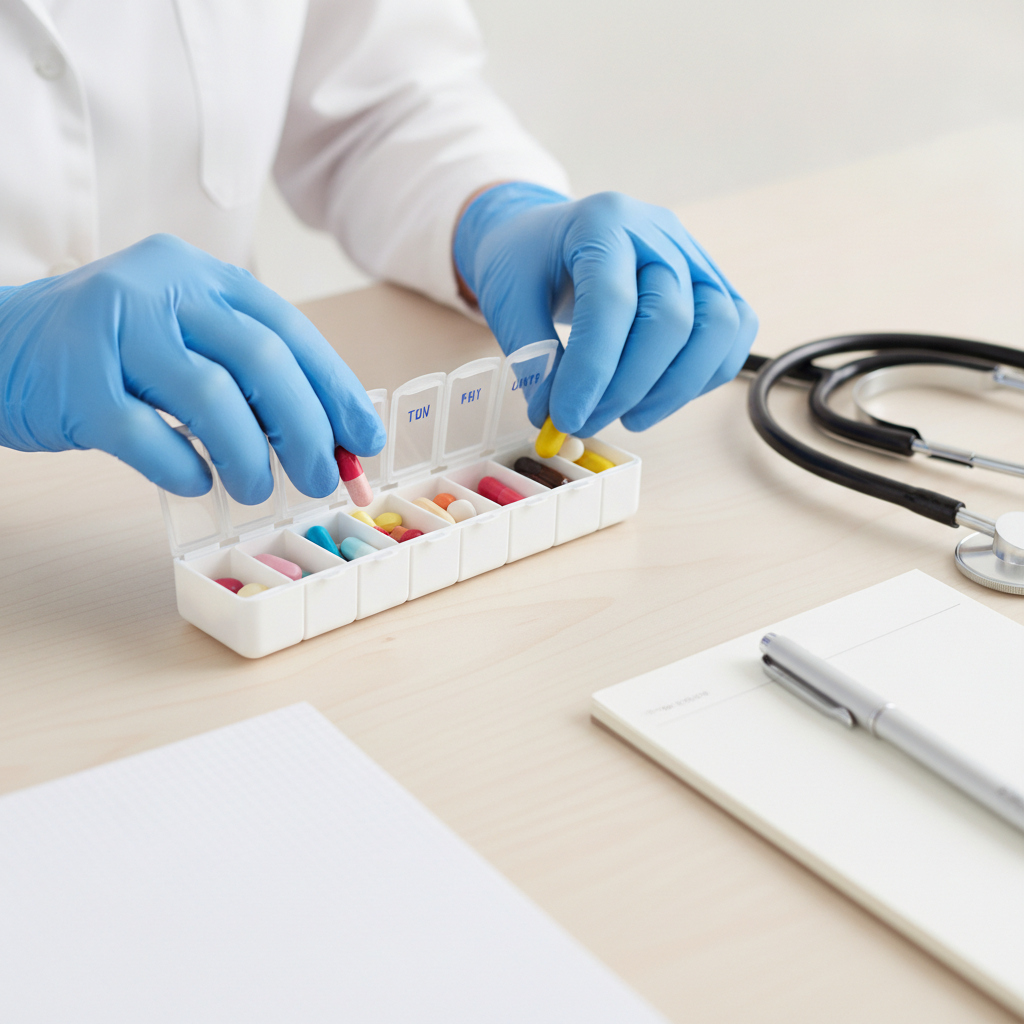 Detail view of a clinician organizing medication for a Suboxone bridge program with a pill organizer and stethoscope, illustrating safe induction steps