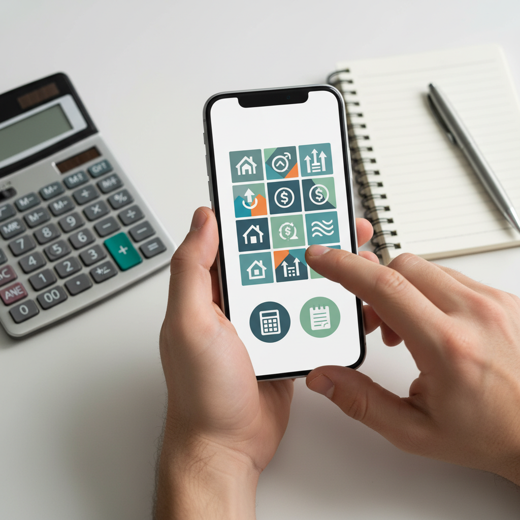 Close-up comparing mortgage loan options on a smartphone with calculator and notepad nearby, illustrating home loan comparison features in Australia