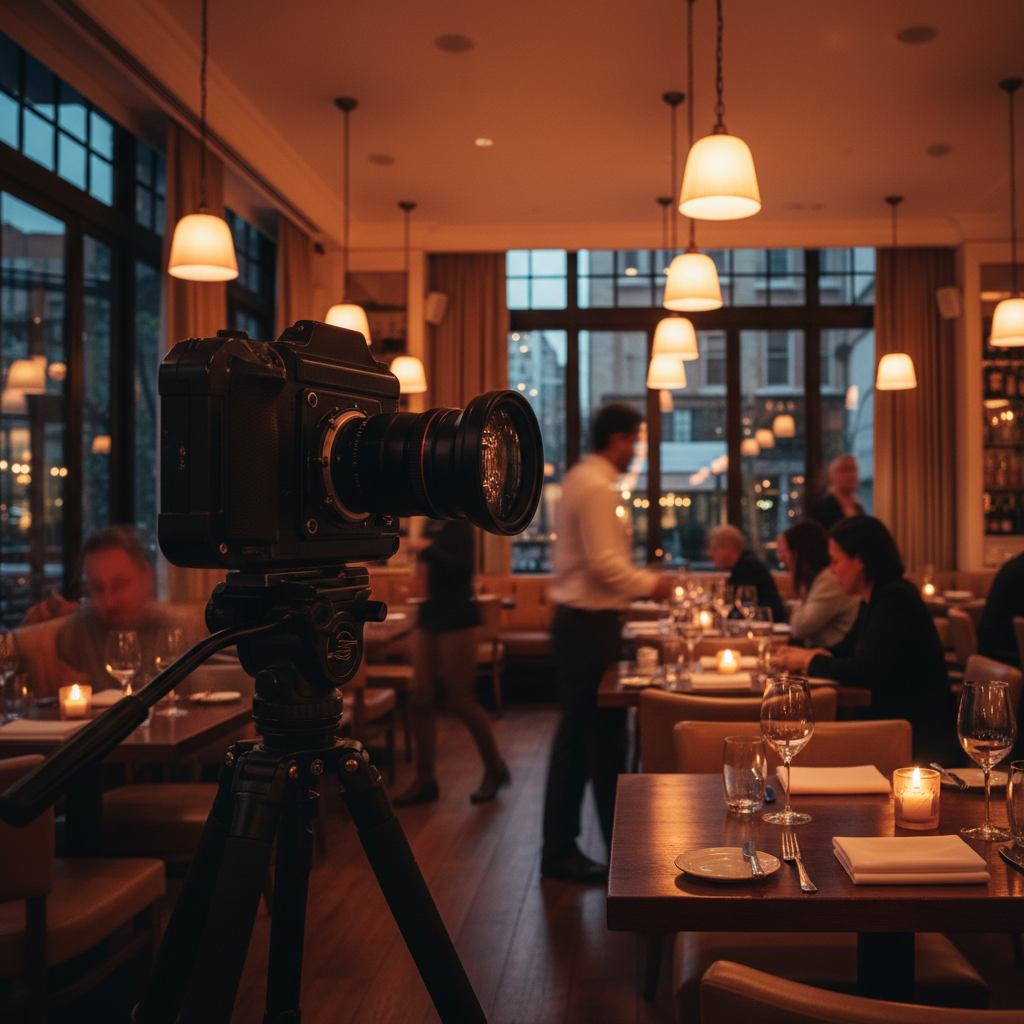 Evening restaurant interior photography capturing cozy ambiance with tripod-mounted camera and motion-blurred patrons, warm practical lights for brand story