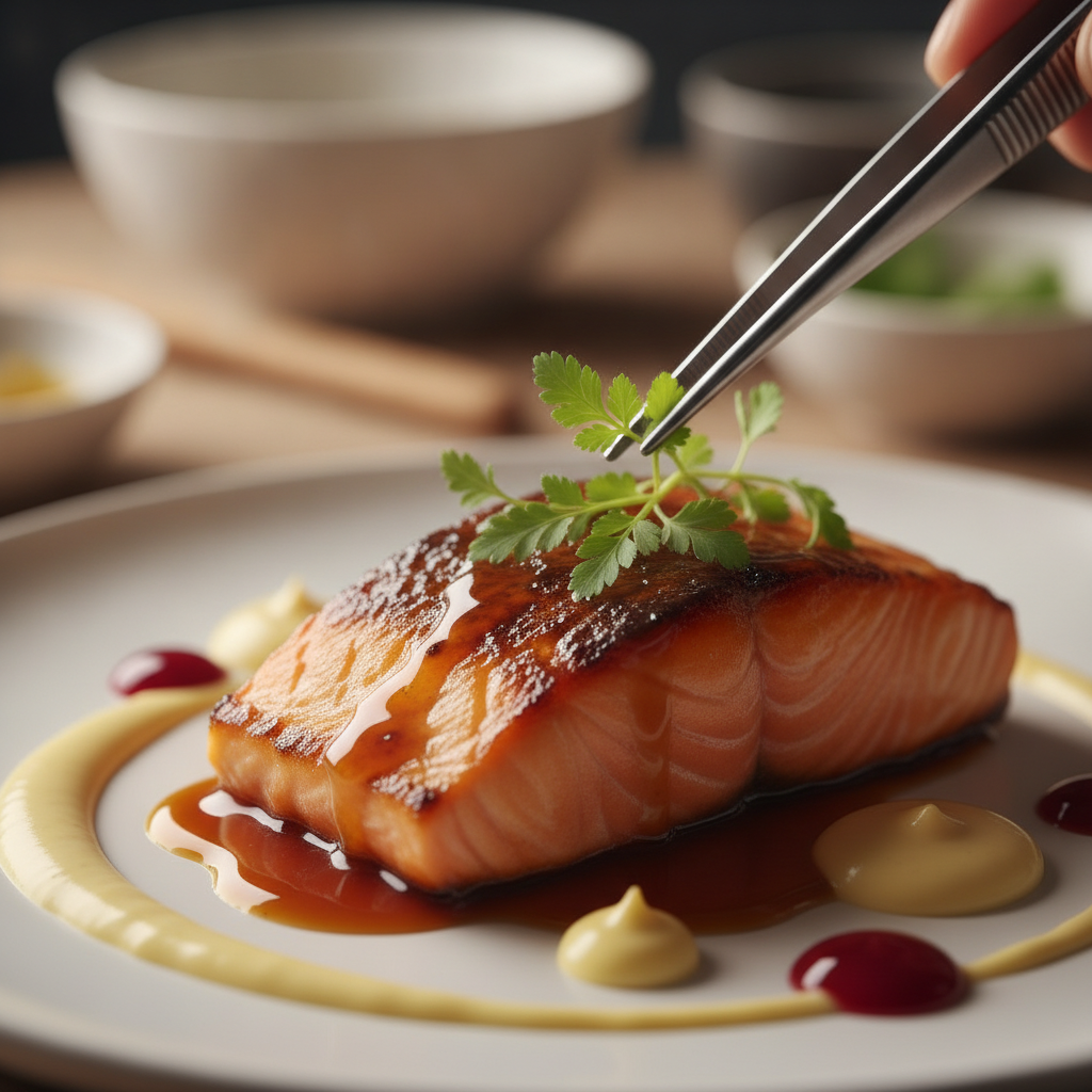 Macro restaurant photography of a styled gourmet salmon dish with microgreens under soft diffused light, ideal for menu and social media imagery