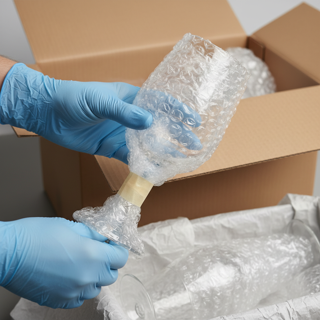 Detail shot of professional movers packing fragile glassware for international relocation with 3-layer protection and labeled inventory