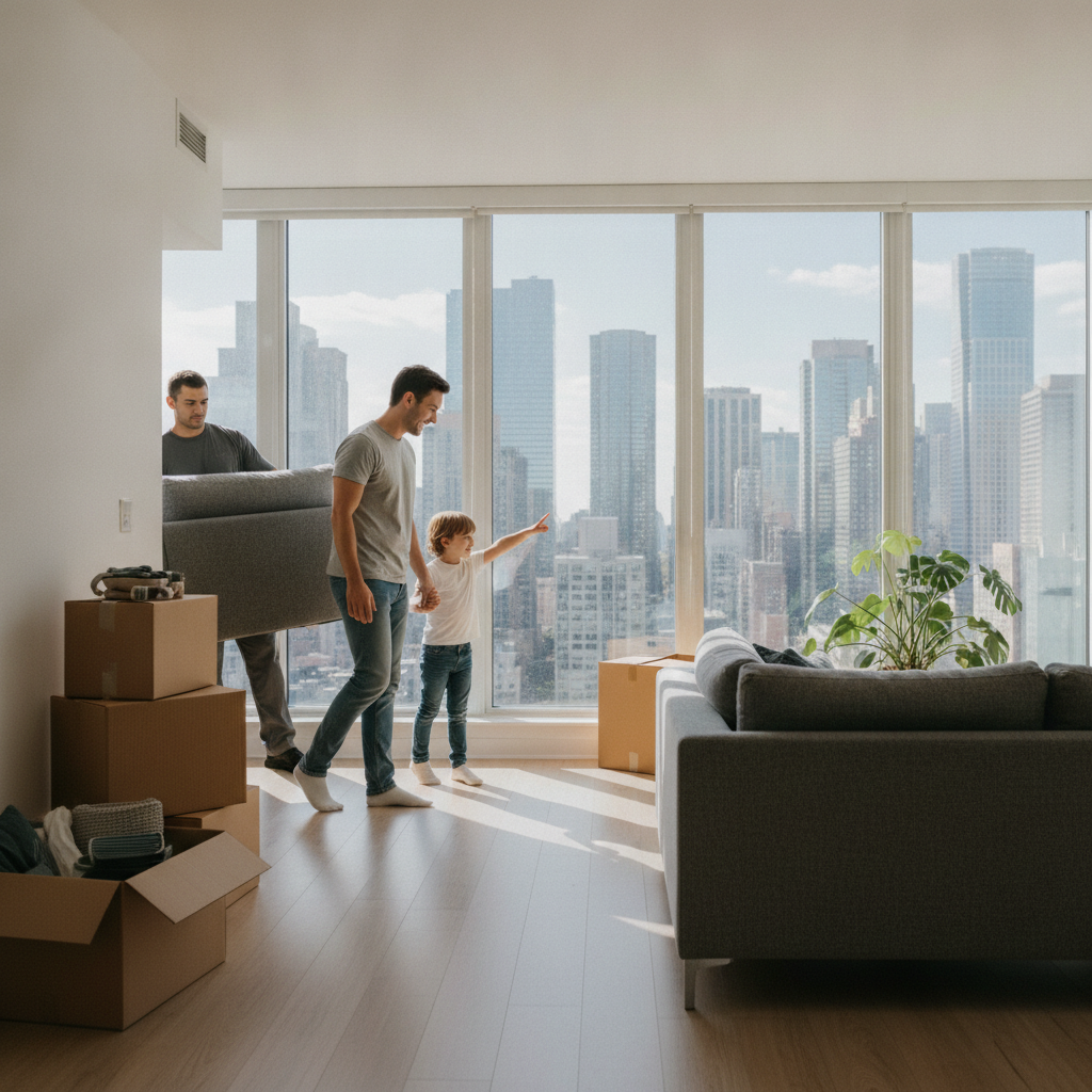 Family arriving at new apartment after international move with labeled boxes and movers placing furniture carefully