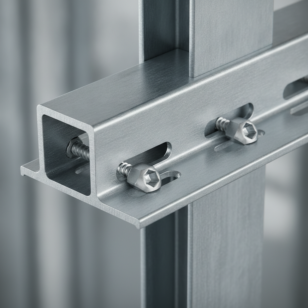 Close-up of slotted deflection track and metal stud connection showing galvanized finish and fastener detail for metal stud framing sizes