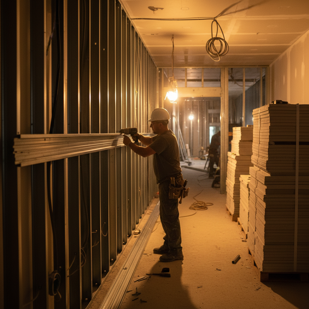 Installer attaching resilient channel over metal studs in a multifamily corridor to improve acoustics and support 16 or 24 inch spacing