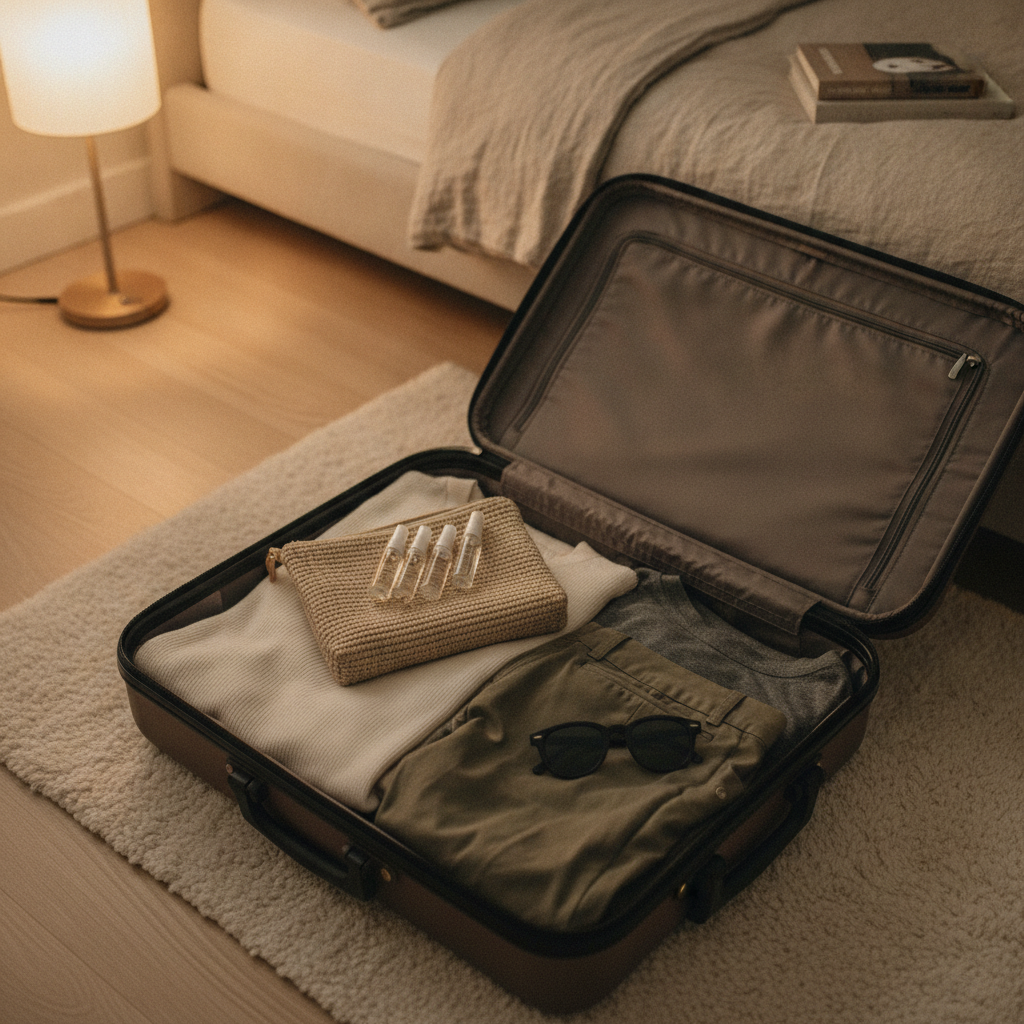 Travel-size perfume sample vials in a pouch on a suitcase, ideal for discovery and unisex fragrance testing