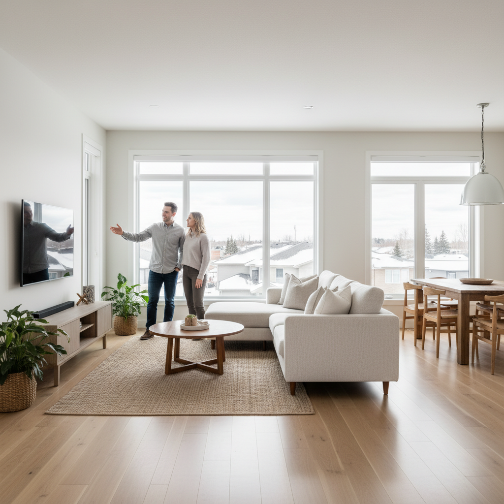 Candid real estate showing inside a bright West Edmonton home, illustrating buyer walkthrough and negotiation prep