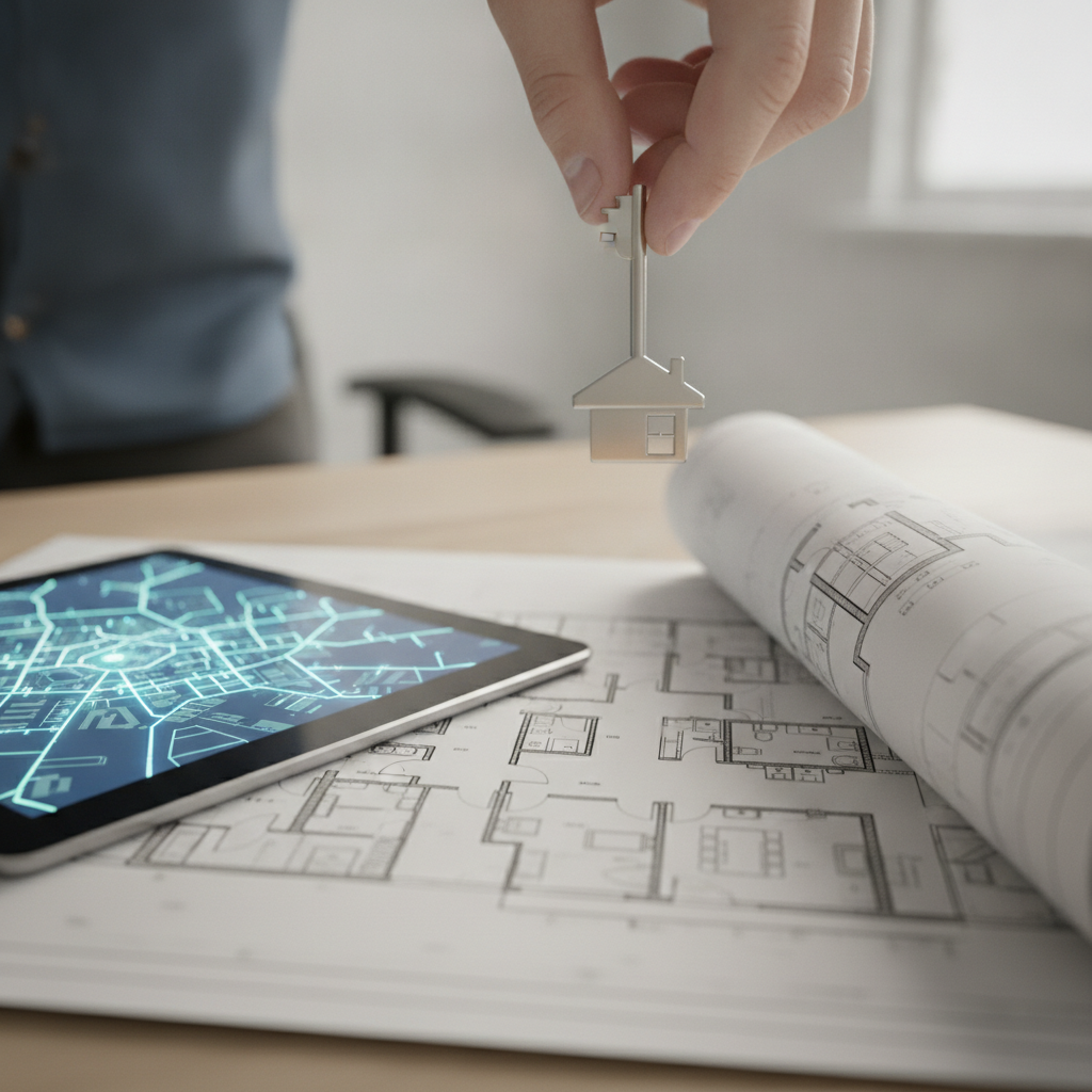 Close-up of keys over floor plans beside a tablet with an abstract map, symbolizing Edmonton MLS map search and offer preparation