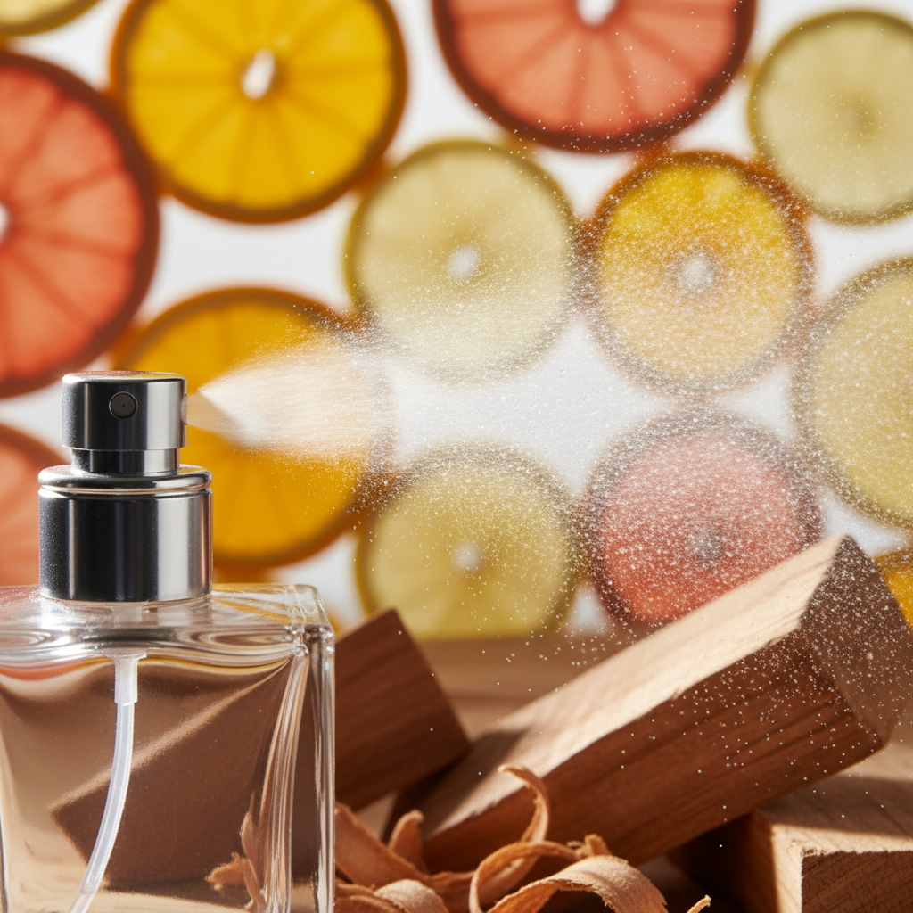 Close-up perfume atomizer mist with citrus and cedar, illustrating unisex fragrance notes and longevity
