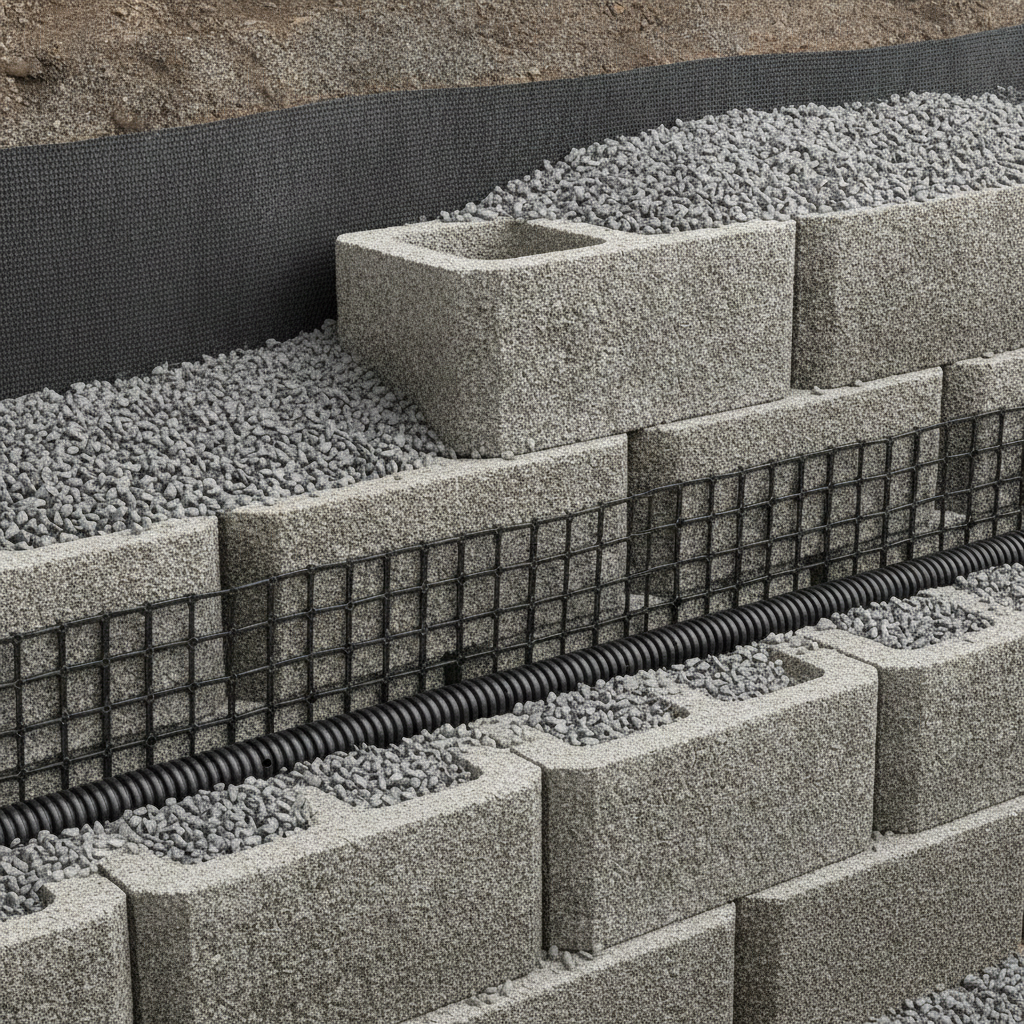 Close-up of segmental retaining wall materials showing geogrid, drain pipe, and gravel backfill for how to choose retaining wall materials