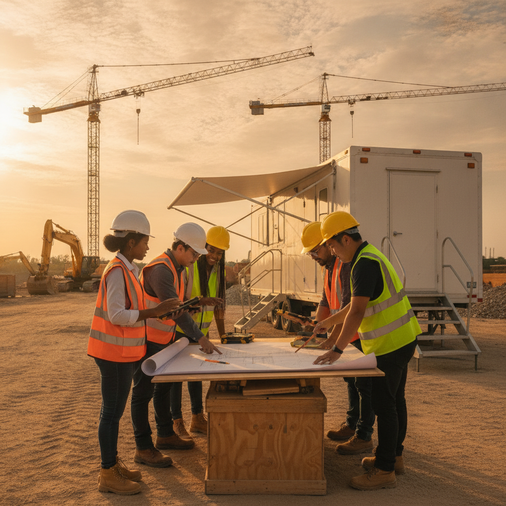 Site coordination meeting at golden hour with team reviewing plans and tablets, illustrating last planner huddles in Texas construction