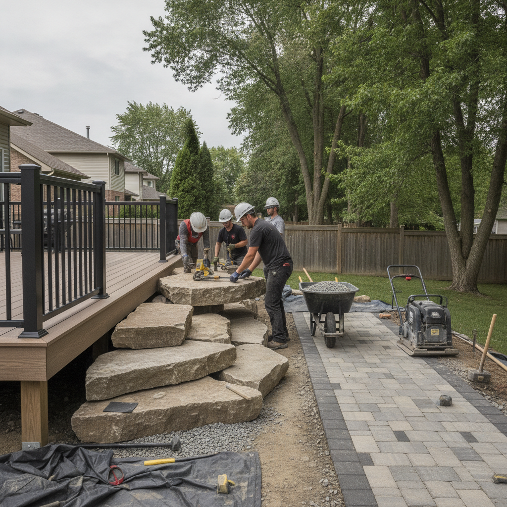 Landscaping crew setting armor stone steps beside an interlocking paver walkway and deck as part of retaining wall materials planning
