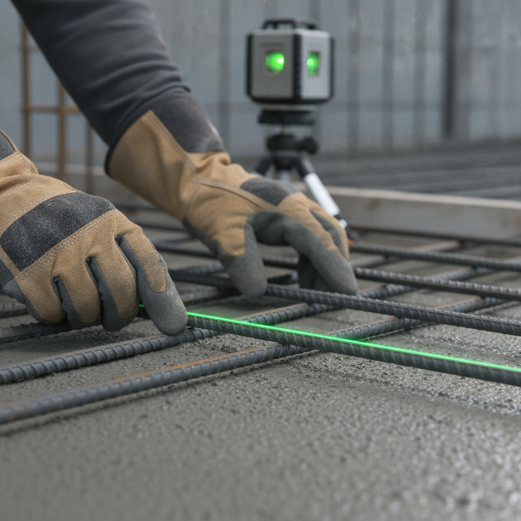 Close-up of rebar alignment with laser level, illustrating schedule control during concrete work in Texas construction projects