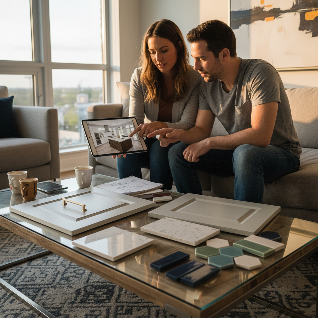 Condo Renovation Cost: Save More, Plan Smarter in 2026 2 Altima designer and condo owner reviewing 3D kitchen rendering with material samples, demonstrating planning steps that reduce condo renovation cost risk