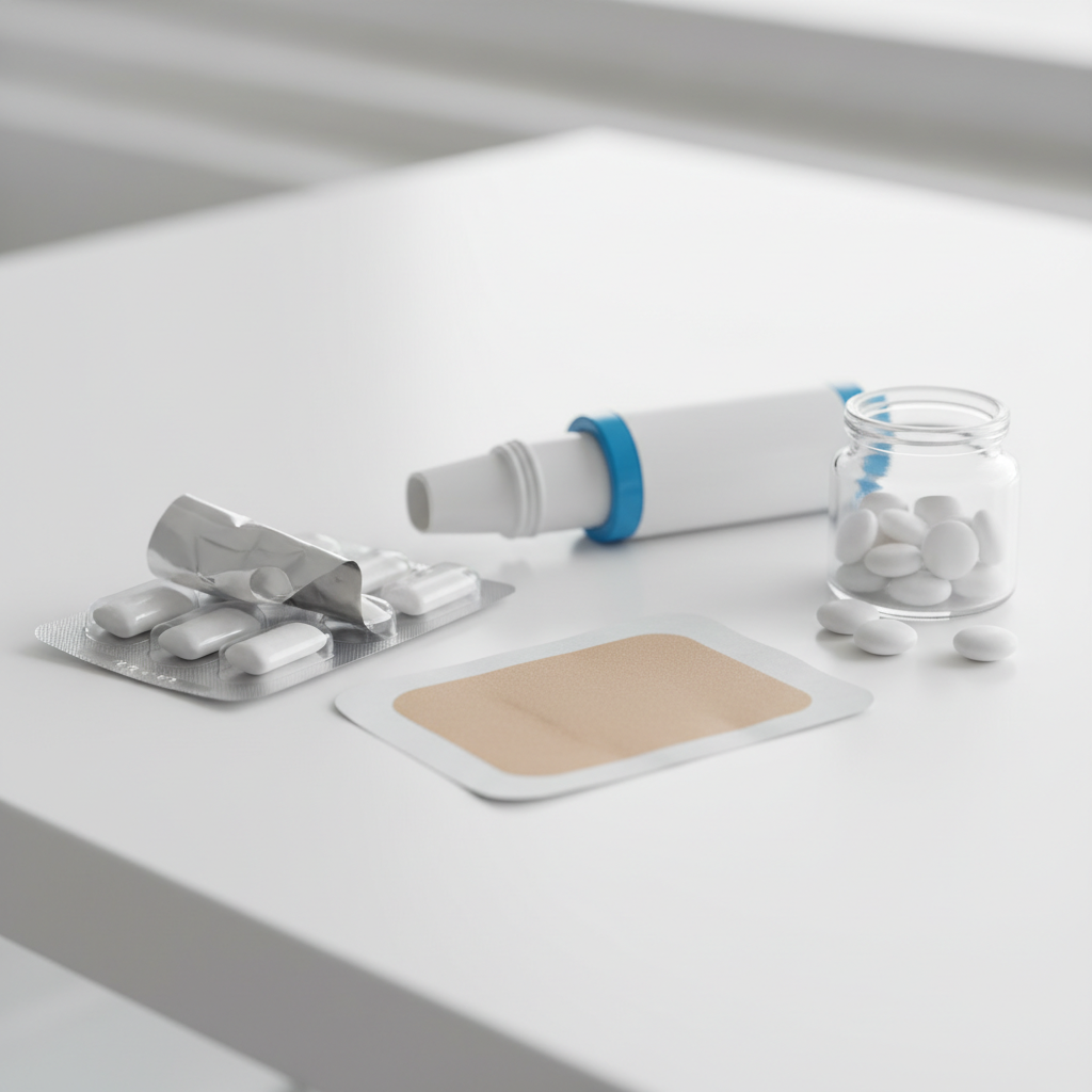Nicotine replacement therapy options including patch, gum, lozenges, and inhaler displayed for a give up smoking medication plan