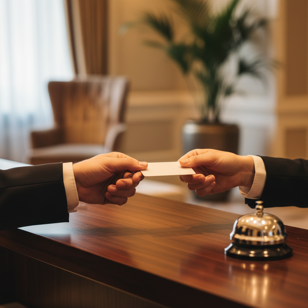 Front desk check-in at a North Conway motel with key card handoff and brass bell, illustrating hotel check-in process and time