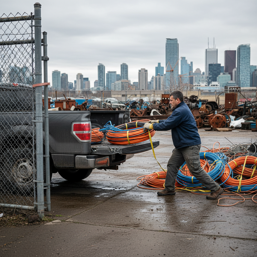 Contractor unloading insulated cables at an Etobicoke scrap yard entrance for copper recycling