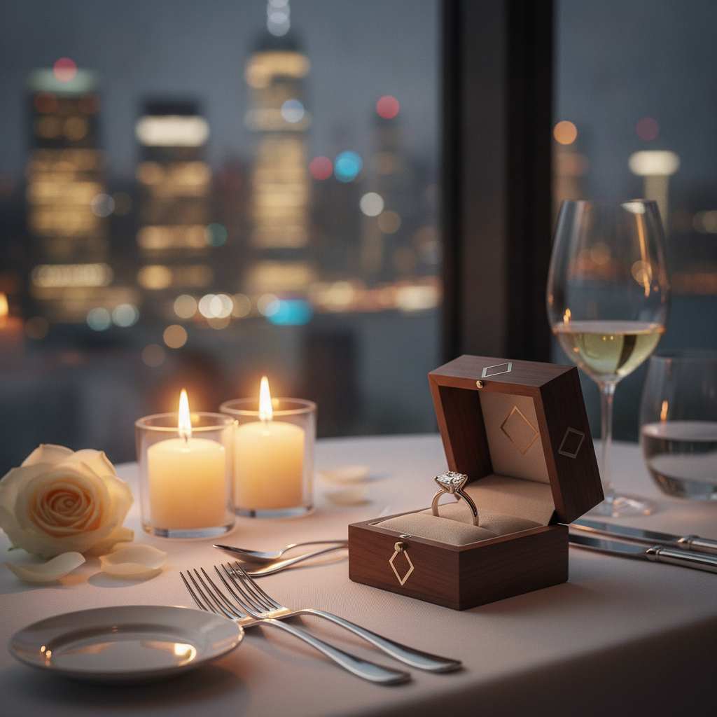 Proposal-ready custom engagement ring box opened on a candlelit New York table, symbolizing a finished custom design