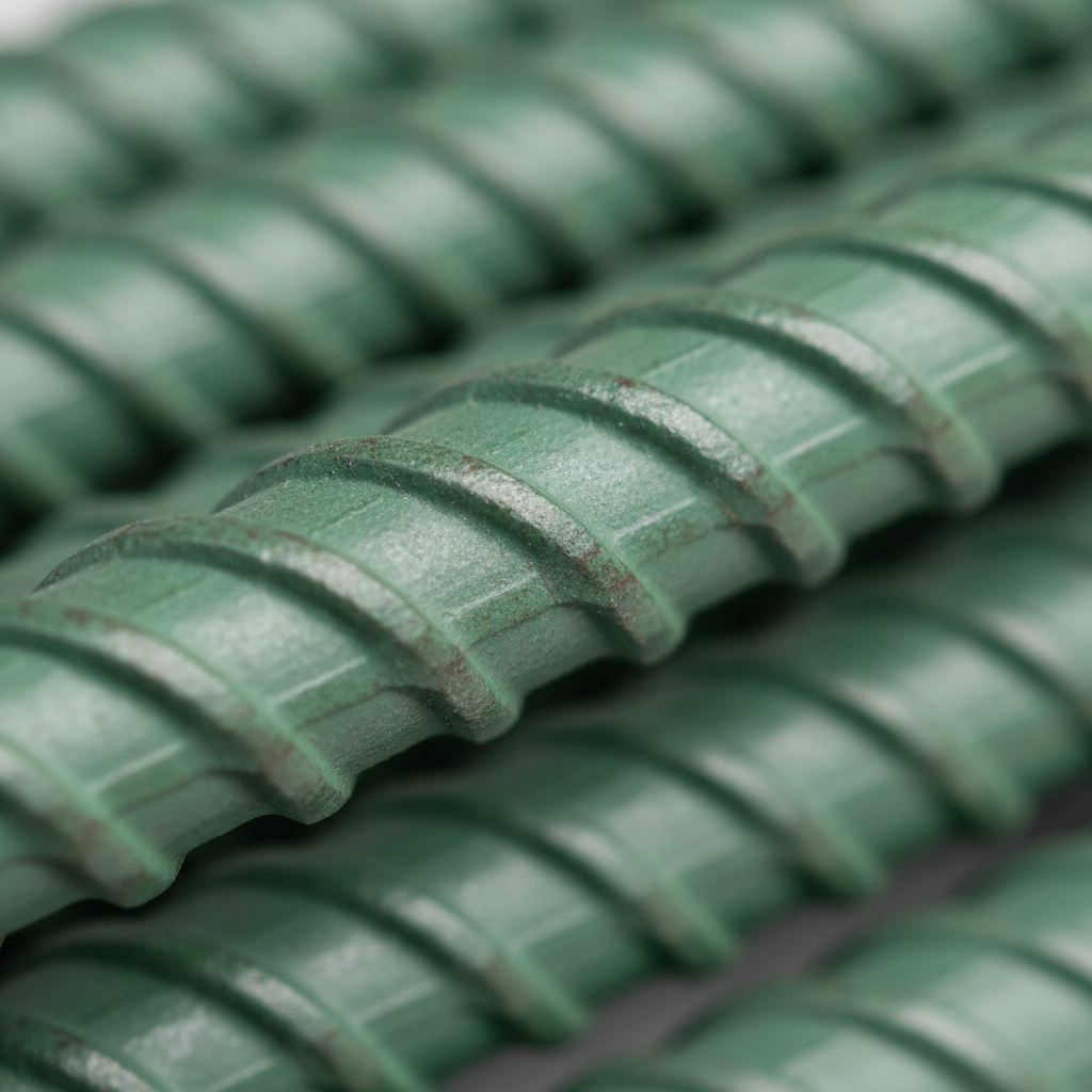 Close-up of epoxy-coated 20M rebar rib pattern showing corrosion-resistant coating for Ontario concrete structures