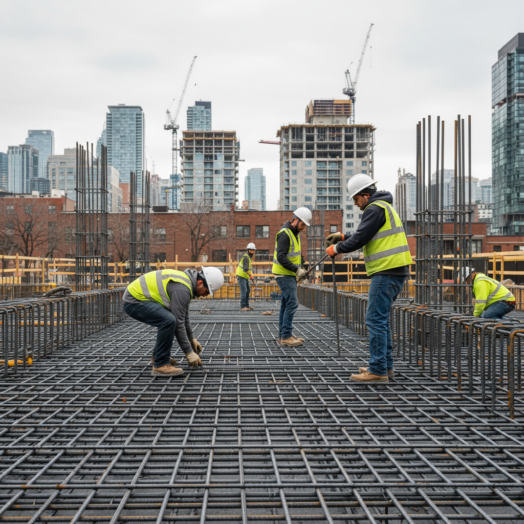 Construction crew placing and tying 20M rebar grid for a concrete slab on a GTA mid-rise site