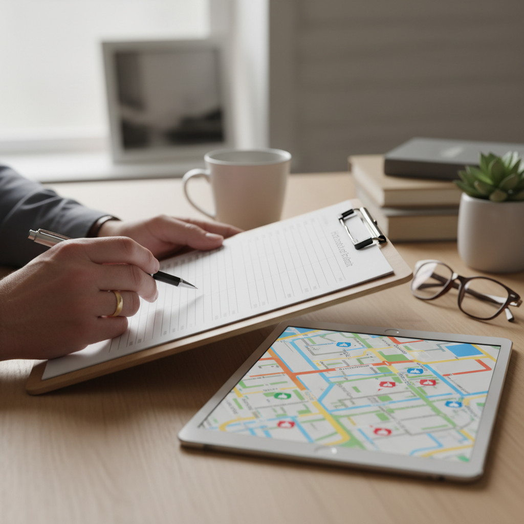 Close-up of a Toronto property evaluation checklist on a clipboard beside a tablet map, illustrating step-by-step valuation research