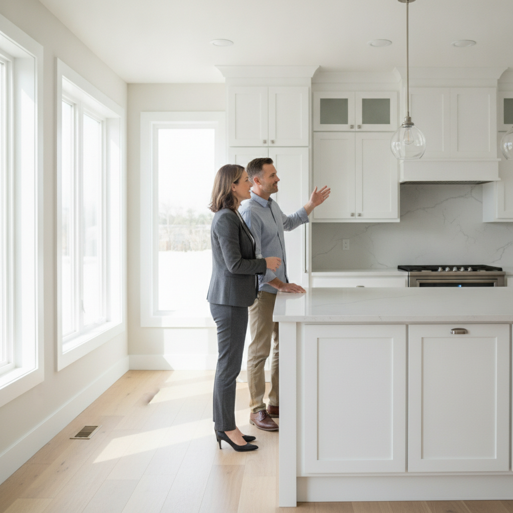 Real estate agent and homeowner evaluating a North York kitchen during a Toronto property evaluation walkthrough