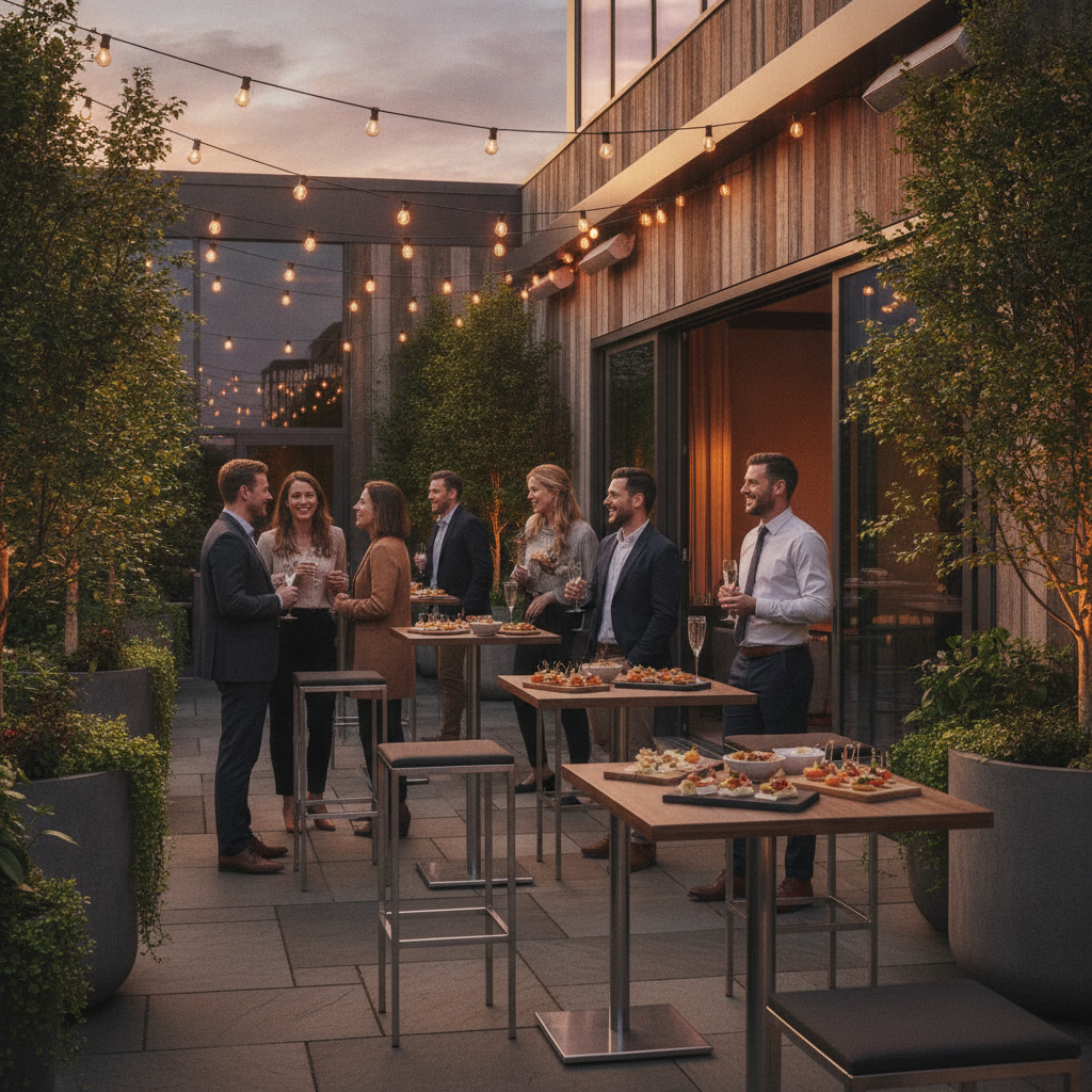 Evening outdoor patio reception setup for a corporate team building venue in Mississauga