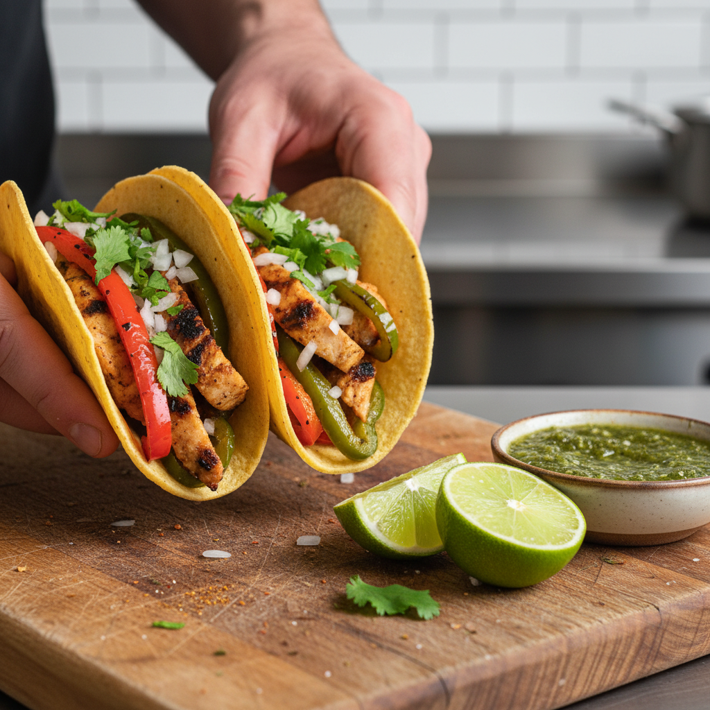 Close-up taco assembly for Mexican catering: grilled chicken and peppers with cilantro, onions, lime, and salsa verde
