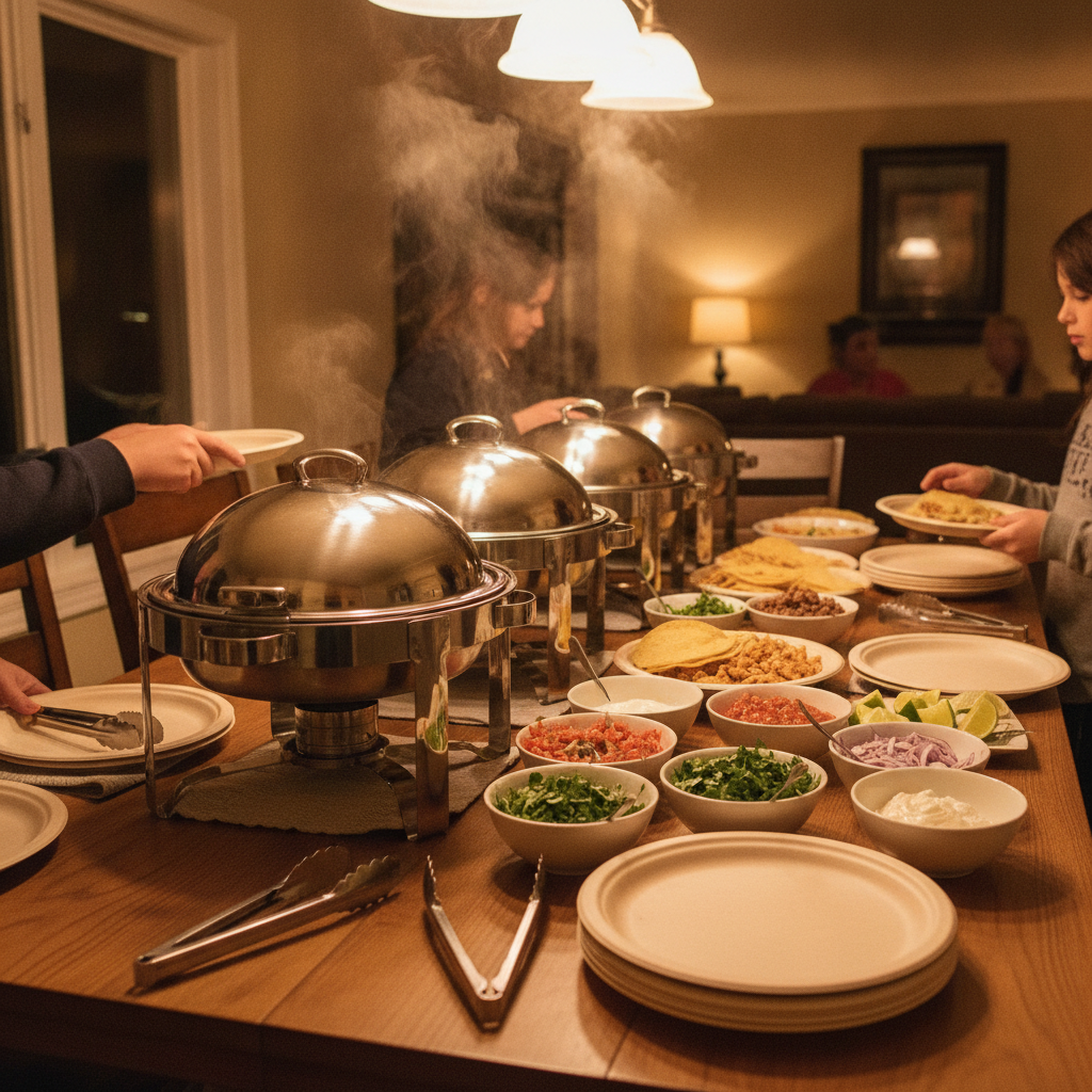 Catered taco bar in a cozy home: chafing dishes, eco-friendly plates, serving tongs, and a self-serve line for a family event