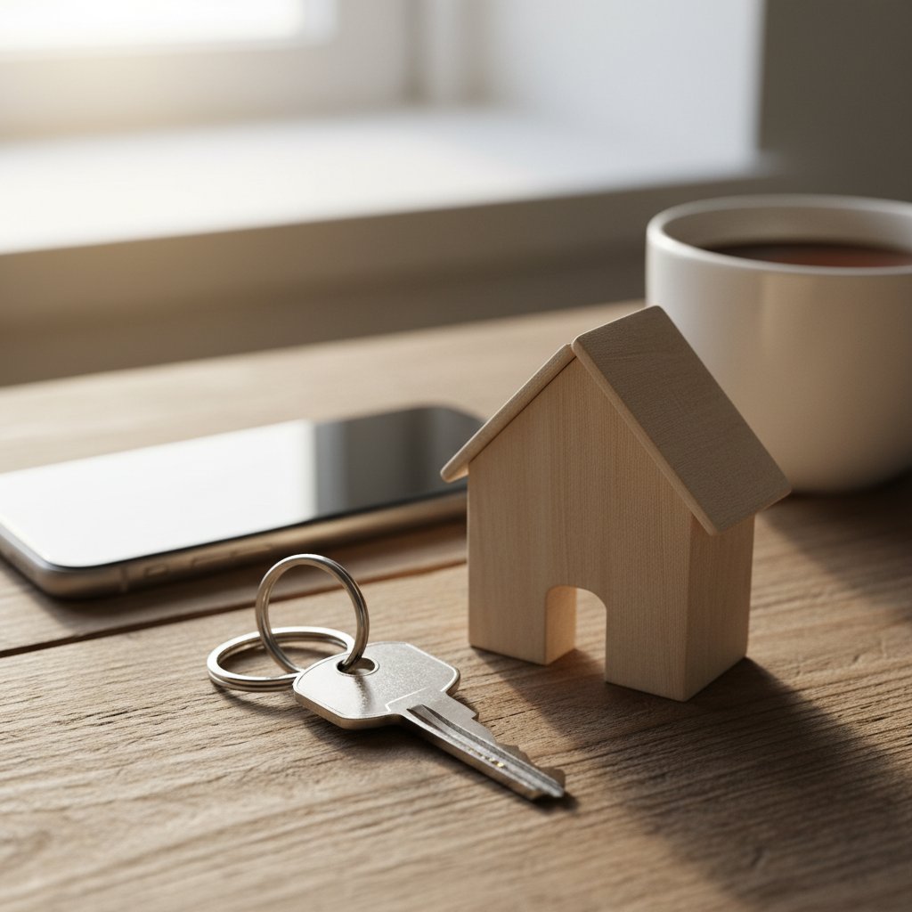 Detail shot of keys and a small house model symbolizing private home sales and secure, owner-led transactions on Houseup