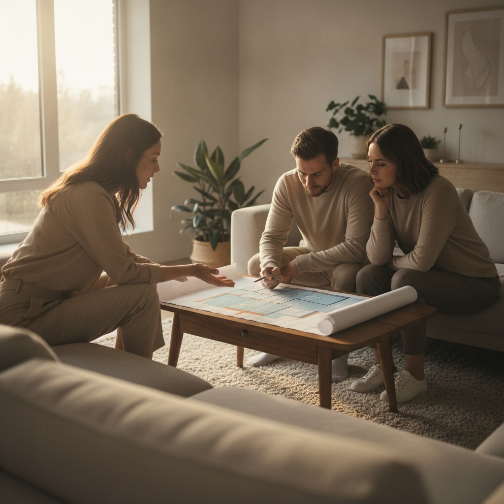 Homeowner meeting buyers in a modern living room to review floor plans and discuss a private listing offer on Houseup