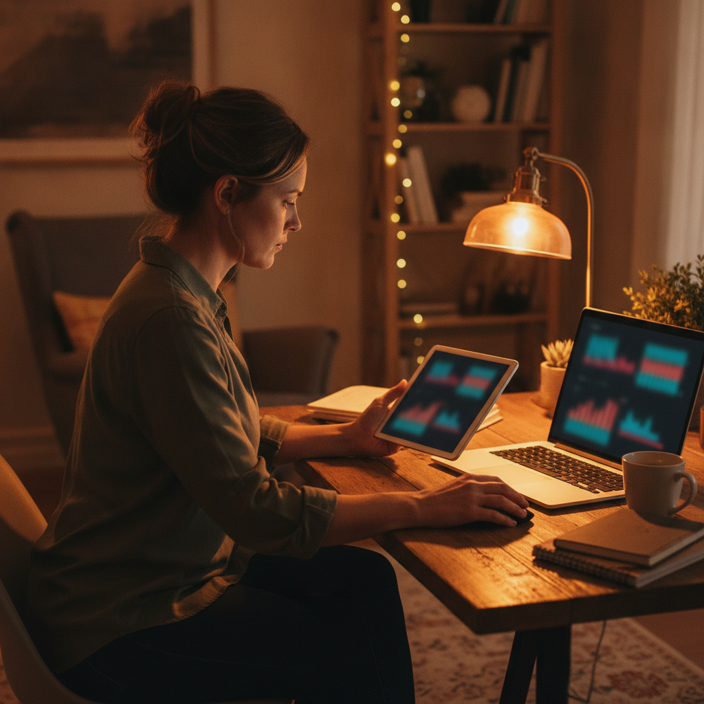 Small business owner reviewing AI content analytics on tablet and laptop, representing automated SEO performance tracking
