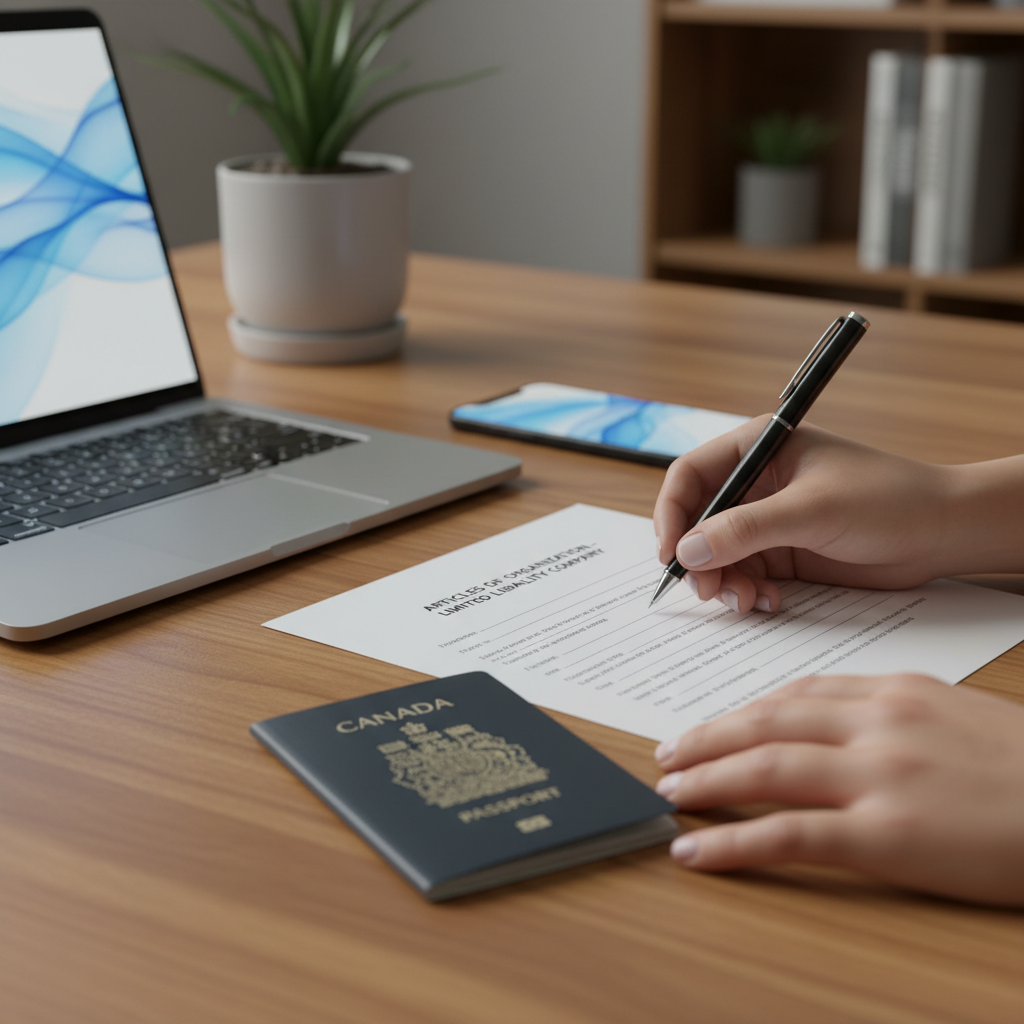 Close-up of US LLC formation paperwork with Canadian passport and laptop for Toronto founders expanding to the U.S.